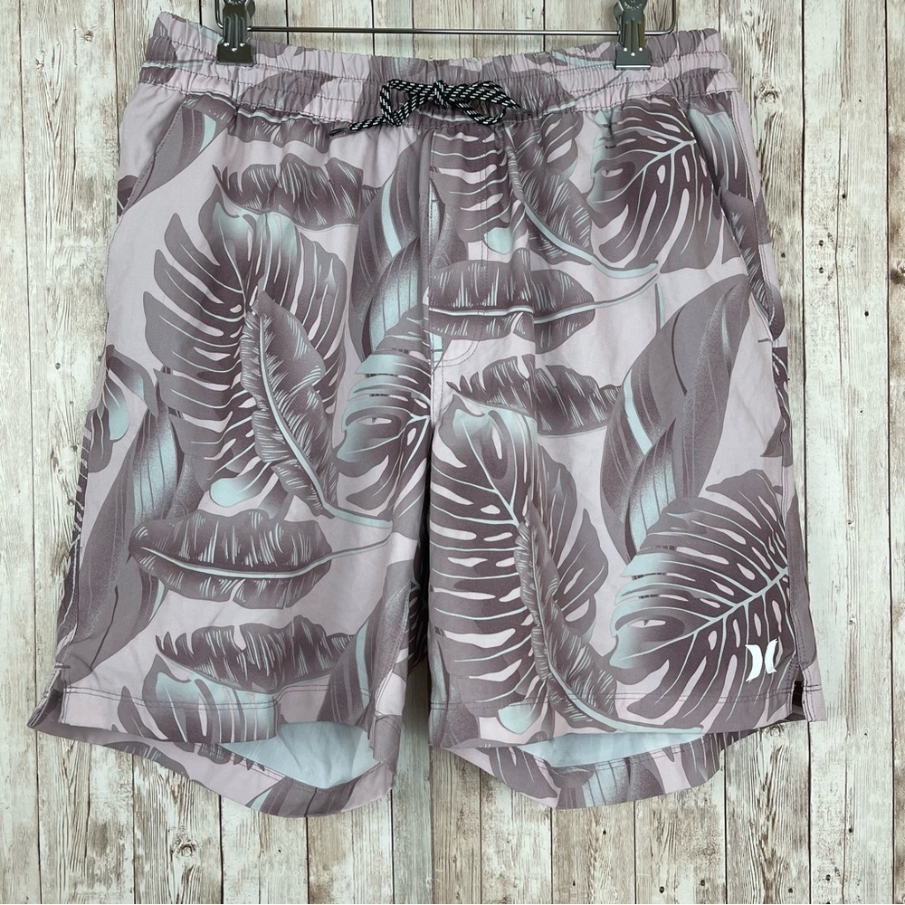 Hurley Monstera Leaf Printed Pull-On Lined Shorts With Pockets Size XL Men